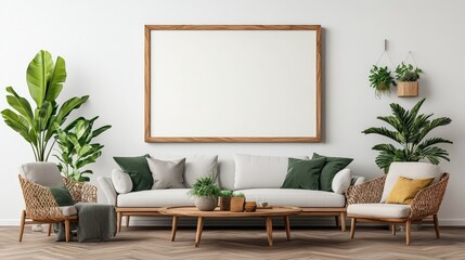 Cozy living room featuring a comfortable couch, stylish chair, and lush green plant in a modern setting