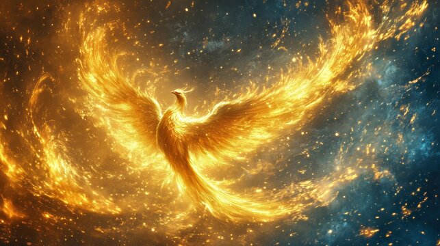 Glowing golden-winged phoenix rising from flames