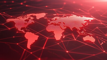 Obraz premium A digital world map in red tones, showcasing connections and networks, symbolizing global communication and technology.