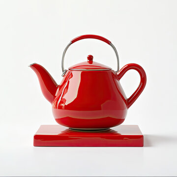 red teapot isolated on white, red kittle for tea, design metal kittles 