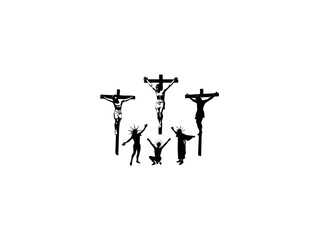 A black and white silhouette of Jesus on the cross, with several figures depicted above it. Multiple crucifixion depictions of Jesus.