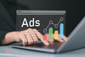 Ad on website and social media, banner ads on internet, Digital marketing concept. woman analyzing...
