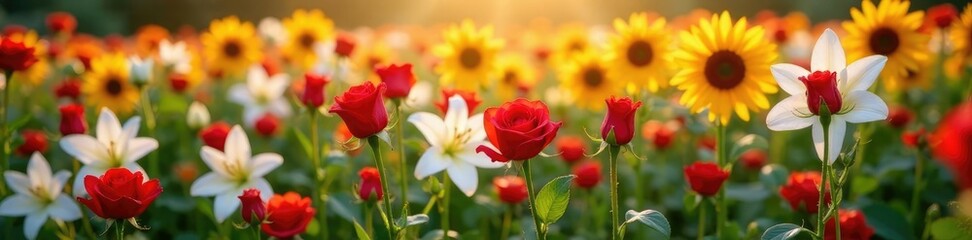 Obraz premium Field of red roses with white lilies and sunflowers, sunflowers, garden, lilies
