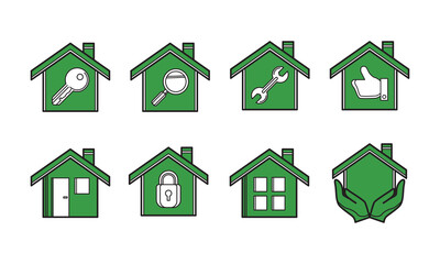 Green House Icons Representing Keys, Tools, Security, and Eco-Friendly Home Concepts