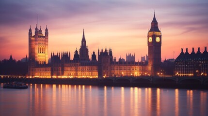 Fototapeta premium A peaceful London evening scene shows Big Ben and Parliament lit up at dusk. 