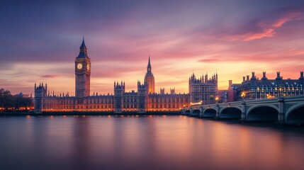 Obraz premium A peaceful London evening scene shows Big Ben and Parliament lit up at dusk. 