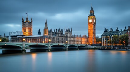 Obraz premium A peaceful London evening scene shows Big Ben and Parliament lit up at dusk. 