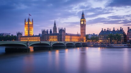 Fototapeta premium A peaceful London evening scene shows Big Ben and Parliament lit up at dusk. 