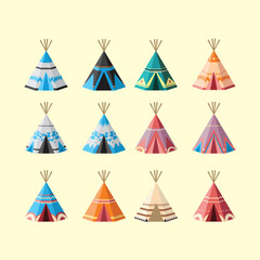 Colorful Tribal Teepee Icon Collection on a Neutral Background