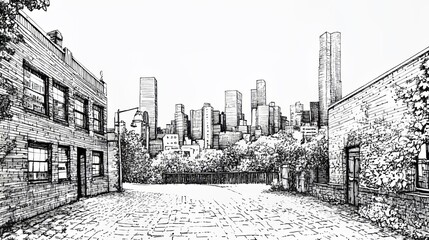 Fototapeta premium A pen-and-ink drawing shows a city skyline viewed from a brick street. Tall buildings rise in the background. 