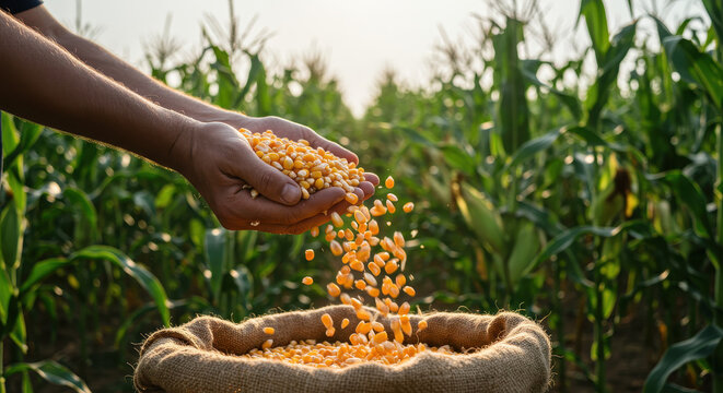 Golden Harvest: Farmer's Hands Filling Sack with Corn. Farm Fresh Crop, Sustainable Agriculture & Bountiful Maize Harvest.