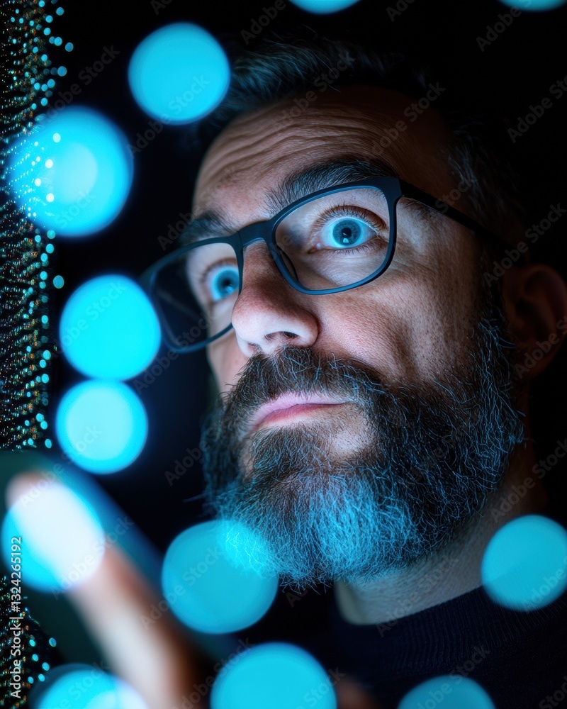 Leinwandbilder Immersive Digital Futures Gen X Tech Visionary Navigating Cybernetic Interfaces with Cutting-Edge AI Visualization and Ambient Blue Neon Innovation