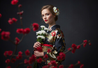 A white woman wearing a kimono holding a bouquet of flowers- traditional attire