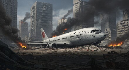Airplane Crash Site Amidst War-Torn City Ruins with Smoke and Fire