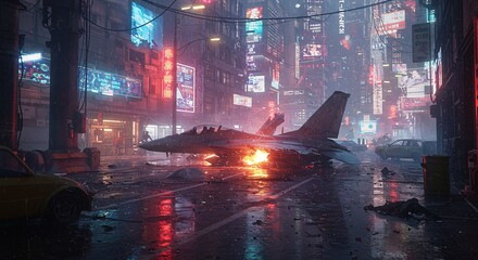 Fighter Jet Crash in Futuristic Cyberpunk City at Night