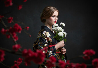 A white woman wearing a kimono holding a bouquet of flowers- traditional attire
