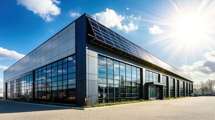 A modern warehouse building with a sleek design, solar panels, and energy-efficient infrastructure