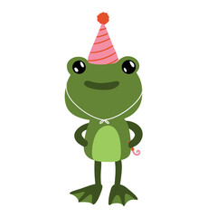 Cartoon frog with party hat and blowout