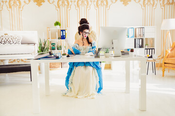 Elegant woman in vintage dress working in modern office with historical aesthetics, combining classic style with contemporary workspace