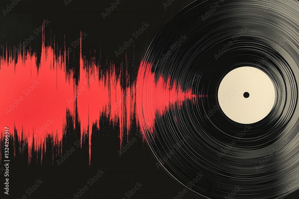 Poster vinyl record texture featuring soundwave ripples in black and red with rhythmic design showcasing th