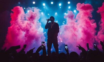 singer performing on stage with pink and blue smoke.
