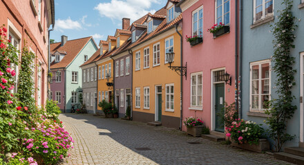  Colorful Houses & Flowers: Charming Street Scene, Scandinavian Town, Cobblestone Lane, Vibrant Architecture, Travel Inspiration