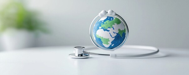 A stethoscope rests beside a globe, symbolizing global health and the interconnectedness of medicine and the planet.