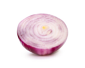 Fresh peeled red or purple onion bulb in half isolated on white background with clipping path