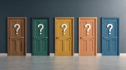 A row of colorful doors adorned with question marks symbolizing choices and opportunities in career pathways and decisions