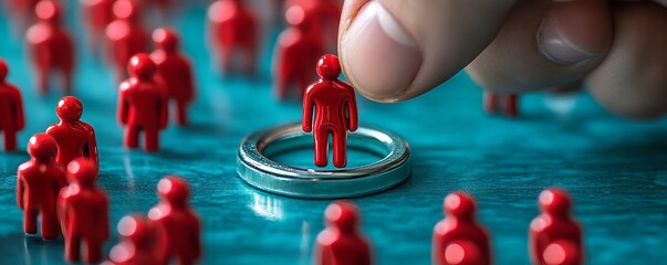 a hand placing a red figure inside a ring surrounded by other red figures.