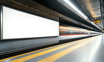 Blank Billboard at Subway Station with Passing Train in Blurred Motion