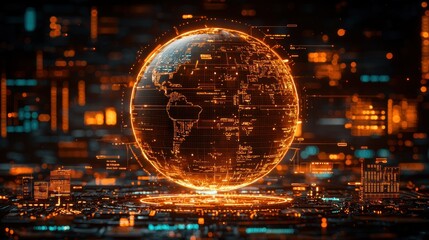 Glowing globe overlay on circuit board, abstract tech concept visuals