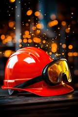 Fototapeta premium A vibrant red hard hat and protective goggles are set against a sparkling backdrop of sparks, symbolizing safety in industrial environments.
