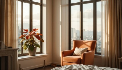 Relaxing Apartment Interior Orange Chair near Window with City View and Plant