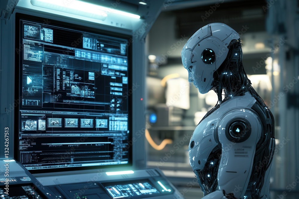 Poster High-tech robot engaged in data analysis within a modern laboratory filled with advanced equipment and computer screens