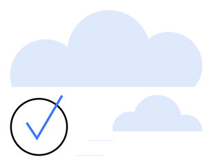 Large and small blue clouds with a bold black circle containing a checkmark. Ideal for success, cloud computing, data validation, approval, reliability, storage, security, flat simple metaphor