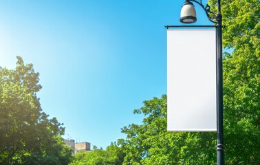 Blank Advertising Banner Hanging on Light Pole in Sunny Urban Park