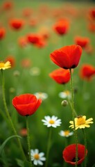 Naklejka premium Red poppy field with a few yellow daisies and white buttercups, garden, meadow