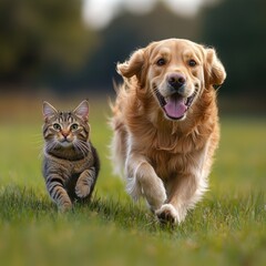Golden retriever dog and tabby cat running on grass
