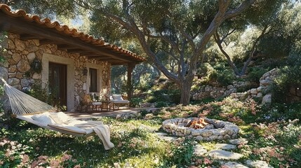 Obraz premium Stone Cottage Hammock Garden Fire Pit Sunny Hillside