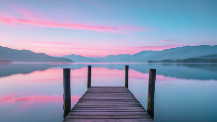 Obraz premium Serene Dawn Paints The Tranquil Lake With Soft Pastel Hues Reflecting On The Still Water, A Lone Wooden Dock Waits Patiently At The Waters Edge