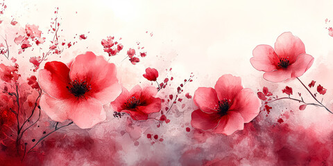 Painting of a field of red flowers with a white background. The flowers are in full bloom and are scattered throughout the painting. The mood of the painting is peaceful and serene