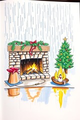 Rainy Christmas fireplace scene with snowman boat.