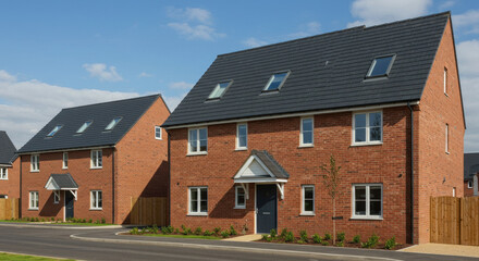 Modern Brick Houses: New Construction, Architecture & Real Estate in Suburban Neighborhood under Blue Sky.