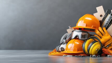 Fototapeta premium Construction worker wearing protective hardhat and equipment on an industrial building site working on a construction project or maintenance task