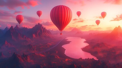 Fototapeta premium Red hot air balloons sunset mountainscape