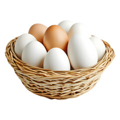 Organic eggs in a basket against a transparent background, cut out, PNG 3D Digital Art, clip art.