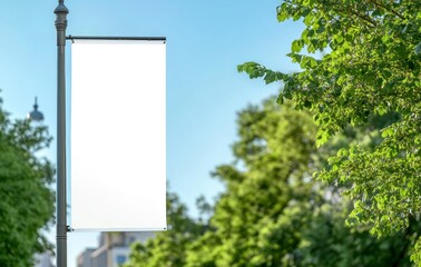 Blank Advertising Banner on Light Post in City Park Setting