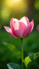 Obraz premium Soft pink petals unfolding, gentle morning light, greenery, sunlight