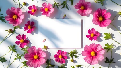 Obraz premium Floral Flat Lay with Pink Cosmos Flowers and Blank White Card